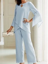 preiswerte Overalls für Mütter-Strandhochzeit Zweiteilig Jumpsuit  Hosenanzug Mutter der Braut Hochzeitsgast Elegant Einfach Rundhals Knöchellang Chiffon Langarm mit Knöpfen einfarbig kostenlose Maßanfertigung