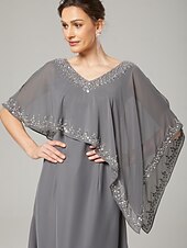 economico Lunghezza del pavimento-Abito madre della sposa a colonna  a sheaths elegante scollo a V lungo fino al pavimento in chiffon maniche a metà con perline