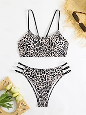 abordables Ensemble de bikinis-Maillots de bain pour femmes Bikini 2 pièces Maillot de bain échancré Sans dos Slim Vêtements de plage de vacances Léopard Col scoop sans manches