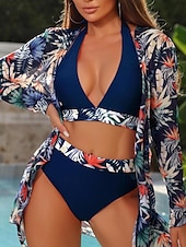 billiga Bikiniset i 3 delar-Dam Badkläder Bikini Tre delar Kalsonger Baddräkt Öppen rygg Smal Hög midja Semester Standkläder Blommig Halterneck Långärmad Baddräkter