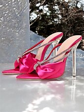 ieftine Sandale cu toc-sandale de damă cu toc cu fundă, din satin, din satin, roz aprins – pantofi stiletto cu vârf ascuțit, glamour, pentru ținute de petrecere și de seară