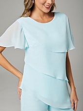 abordables Costumes-pantalons pour maman-Combinaison  Tailleur Deux Pièces Mère de la Mariée Élégant Grande Taille Col Bijou Longueur de Sol Chiffon Manches Courtes avec Volants Cascadants 2025