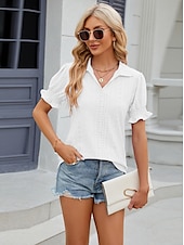 cheap Lace Tops-Women&#039;s Boho T-shirt Plain Bohemia Cute Stylish Short Sleeve Puff Sleeve V Neck Shirt Collar Regular Tops Daily Going out Weekend Ruffle Eyelet Sage Green Black White Pink Wine Summer