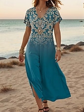 tanie Sukienki boho-Damskie Sukienka maxi Codzienne sukienki Sukienka A line Elegancki Codzienny Urlop Codzienny Regularny Kwiaty Zabytkowe Krótki rękaw W serek Jasnozielony Niebieski Fioletowy Ciemnoniebieski Lato