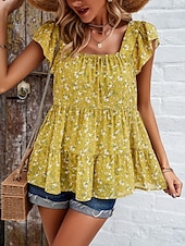 abordables Tops Graphiques pour Femmes-Femme Chemise Chemisier Floral mode Décontractées Manche Courte Col Carré Hauts réguliers du quotidien A Volants Imprimer Noir Jaune Rouge Beige Eté
