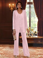 abordables Costumes-pantalons pour maman-Jumpsuit de mariage plage  costume 3 pièces mère de la mariée invitée de mariage formelle élégante luxueuse décolleté en V longueur sol chiffon dentelle sans manches wrap inclus avec perles paillettes