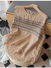 رخيصةأون قمصان مزيفة أساسية-نسائي قميص قمصان قطنية كتان بلوزة كتان قطني صناعي طباعة هندسي أساسي كاجوال بدون كم رقبة عالية مدورة قمصان عادية مناسب للبس اليومي أبيض كاكي رمادي الصيف