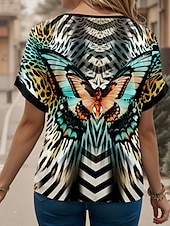 ieftine tricou boho-Pentru femei Tricou Fluture Casual Manșon scurt În V Topuri obișnuite Zilnic Sfârșit de săptămână Imprimeu Albastru piscină Vară Primăvară