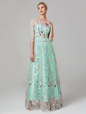 economico FLORALI-Matrimonio in Spiaggia Abito da Sera A-Line Elegante Vestito Ospite di Matrimonio Lunghezza A Terra Manica 3/4 Collo Illusione Pizzo con Ricamo 2025