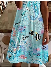 abordables Robes Boho-Robe Mini Femme Robe Décontractée Élégante Tropicale Hawaïenne Quotidienne Coupe Régulière Imprimé Floral Manches Courtes Col Ronde Bleu Été