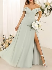 cheap Bridesmaid Dresses-A-Line Bridesmaid Dress Straps Short Sleeve Elegant Floor Length Chiffon with Ruffles / Split Front / Ruching