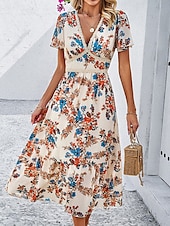 preiswerte Blumenkleid-Damen Midi Kleid Korsett Kleid A-Linien Kleid Sommer Kleid Urlaub Urlaub Täglicher Regular Fit Floral Kurzarm V-Ausschnitt Rot Marineblau Grün Aprikose Sommer