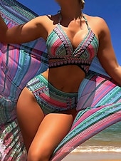 olcso Bikiniszettek-Női Fürdőruha Bikini Három darab Bugyik Fürdőruha Nyitott hátú Vékony Szabadság Strandruházat Mértani V-alakú Ujjatlan Fürdőruhák