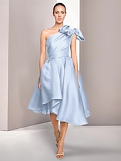 abordables Robes de cocktail-Robe cocktail en A élégante robe formelle mariage longueur thé sans manches une épaule satinée avec fente froncée robes