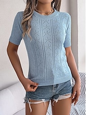 abordables Hauts en dentelle-Femme Pull en maille torsadée Pullover Le style mignon du quotidien mode Couleur unie A côtes Col Ras du Cou Ouvert Tricoté Manches à volants Manches courtes Hauts réguliers Tricoter Intérieur Soirée