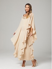 abordables Longueur du plancher-Robe de la mère de la mariée fourreau  colonne élégante invitée de mariage taille plus col rond longueur de sol chiffon manches mi-longue avec perles volants en cascade 2025
