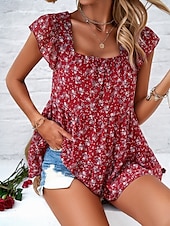 abordables Tops Graphiques pour Femmes-Femme Chemise Chemisier Floral mode Décontractées Manche Courte Col Carré Hauts réguliers du quotidien A Volants Imprimer Noir Jaune Rouge Beige Eté