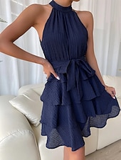 olcso Egyszerű ruha-Női Mini Ruha Hétköznapi Ruha A Vonallal Fit And Flare Ruha Alap Hétköznapi Szabadság Napi Rendszeres Illeszkedés Grafikus Ujjatlan Halter Nyak Fekete Piros Kék Lila Nyár
