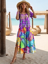 billiga Påskklänningar-Påskens kvinnor Maxi-klänning Casual Klänning Sundress Semester Tropisk Hawaii Fjäril ärm Semester Strand Regular Fit Brev Kort ärm Crew Neck Lila Sommar