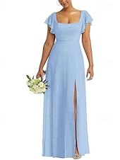 baratos Vestidos para Madrinhas-Linha A Vestido de Madrinha Scoop pescoço Manga Curta Elegante Longo Chiffon / Elastano com Fru-Fru / Pregueado / Fenda Frontal 2022