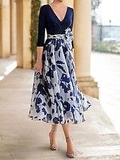 preiswerte Bodenlänge-A-Linie Brautmutterkleid Elegantes V-Ausschnitt Rundhals Knöchellang Chiffon Pailletten Stretchgewebe 3/4-Länge Ärmel mit Blume Derbykleid Rennsportskleid Hochzeitsgastkleid 2025