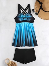 economico Tankini-Costume da bagno a tankini da donna a 2 pezzi pantaloni color block controllo della pancia vita alta slim senza schienale abbigliamento da spiaggia per vacanze ombré geometrico scollatura a V senza