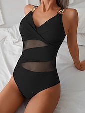 billiga One-piece-baddräkter-Dam Badkläder En bit Monokini Baddräkt Öppen rygg Magkontroll Hög midja Semester Standkläder Ensfärgat V-hals Ärmlös Baddräkter