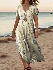 tanie Sukienki boho-Damskie Sukienka maxi Codzienne sukienki Sukienka A line Elegancki Codzienny Urlop Codzienny Regularny Kwiaty Krótki rękaw W serek Czerwony Niebieski Pomarańczowy Zielony Lato Wiosna