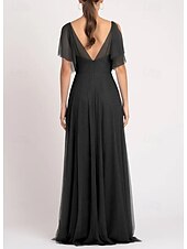 baratos Vestidos para Madrinhas-Linha A Vestido de Madrinha Decote V Manga Longa Elegante Longo Tule com Pregas / Franzido 2022