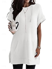 cheap T shirt Dresses-Women&#039;s Mini Dress Hoodie Dress Casual Dress Basic Casual Vacation Daily Regular Fit Plain Half Sleeve Hooded Black White Blue Fuchsia Summer