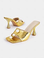 preiswerte Rutschsandalen-goldene Pantoletten mit offener Spitze und Perlendetails für Damen – elegantes Schuhwerk mit einzigartigen Verzierungen, ideal für Partys und Zusammenkünfte.