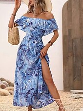 preiswerte Blumenkleider-Damen Midi Kleid Korsett Kleid Rüschens Kleid Off-the-Shoulder Kleid Urlaub Strand Urlaub Täglicher Regular Fit Grafik Kurzarm Off-Shoulder Gelb Hellgrün Himmelblau Orange Sommer
