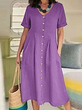 economico Vestiti-Per donna Abito Midi Abiti in cotone e lino Vestito Casual Essenziale Casual Vacanza Quotidiano Vestibilità regolare Semplice Manica Lunga Scollo a V Azzurro cielo Viola Verde Estate