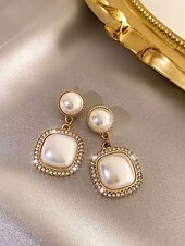cheap Women&#039;s Earring-Elegant Gold-Plated Pearl Earrings with Rhinestone Detailing – Square and Round Design for Women – Perfect for Weddings and Formal Occasions