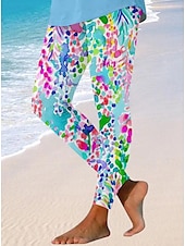 economico Stampa Floreale-Pantaloni Leggings da Donna Moda Streetwear Lunghezza Intera Alta Vita Stampa Grafica Foglia Termica Calda Traspirante Morbida Micro-elastica Vacanza Spiaggia Weekend Blu Uovo di Robin Estate