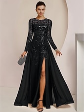 abordables Longueur du plancher-Robe de mère de la mariée A-Line pour invitée de mariage élégante col bijou longueur de sol en chiffon dentelle sequins à manches longues avec plissage avant couleur unie taille personnalisée gratuite