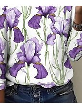 abordables T-shirt floral-Femmes T-shirt Fleuri Élégant ancien Mode manche longue Col ras du cou Hauts Réguliers Quotidien Sortir Week-end Imprimé Violet Été Printemps
