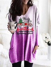 お買い得  Tシャツ ワンピース-女性用 ミニドレス カジュアルドレス シフトドレス カジュアル バットウィングスリーブ クリスマス 祭り ルーズフィット プリント 長袖 Ｖネック ブルー パープル オレンジ グレー 秋 冬