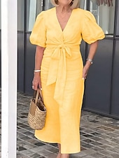 cheap Plain Dress-Women&#039;s Maxi Dress A Line Dress Solid Color Summer Dress Puff Sleeve Dress Basic Casual Puff Sleeve Vacation Daily Regular Fit Graphic Short Sleeve V Neck Black White Yellow Pink Summer
