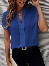 abordables Hauts de Travail pour Femmes-Femme Chemise Chemisier Couleur unie mode Décontractées Manche Courte Col cranté Hauts réguliers du quotidien Noir Blanche Bleu Fuchsia Eté Printemps