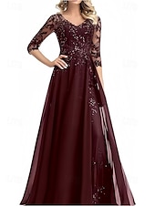 cheap Floor Length-A-Line Mother of the Bride Dress Wedding Guest Elegant V Neck Floor Length Chiffon 3/4 Length Sleeve with Beading Appliques