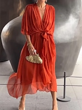 preiswerte Lässiges schwarzes Kleid-Damen Midikleid schwarzes kleid Casual kleid A Linie Kleid Basic Brautkleider schlicht Urlaub Täglich Regular Fit Glatt 3/4 Ärmel V Ausschnitt Schwarz Weiß Rote Orange Sommer Frühling