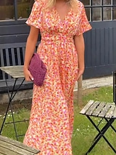 billiga Semesterklänningar-Dam Maxiklänning A linjeklänning Blommig klänning Stylish Ledigt Semester Ledigt Dagligen Normal Blommig Kortärmad V-hals Rodnande Rosa Blå Orange Grön Sommar Vår