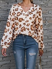 billige Kvinne Grafiske Topper-Dame T skjorte Leopard Mote Moderne Fritid Langermet V-hals Vanlige topper Daglig Helg Hvit Rosa Blå Brun Vår Høst