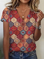 billige Boho t-skjorte-Dame T skjorte Geometrisk Årgang Stilfull Fritid Kortermet V-hals Vanlige topper Daglig Knapper Trykt mønster Rød Sommer Vår