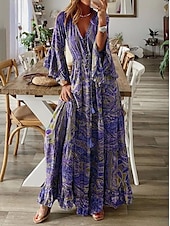 cheap Boho Dress-Women&#039;s Maxi Dress Casual Dress Swing Dress A Line Dress Boho Dress Casual Daily Regular Fit Floral Long Sleeve V Neck Red Blue Purple Orange Summer Spring Fall