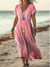 halpa Boho-mekot-Naisten Maksimekko Rento mekko A linjainen mekko Tyylikäs Vapaa-aika Loma Päivittäin Normaali Kukka Lyhythihainen V kaula-aukko Vaalea vaaleanpunainen Vaalea purppura Purppura Beesi Kevät Syksy