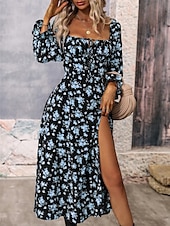 cheap Floral Dress-Women&#039;s Midi Dress Corset Dress A Line Dress Milkmaid Dress Puff Sleeve Dress Vacation Vacation Daily Regular Fit Floral Long Sleeve Square Neck White Blue Purple Gold Summer