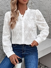 preiswerte Spitzenoberteile-Damen Hemd Bluse Feste Farbe Stilvoll Brautkleider schlicht Langarm Gekerbter Hals Normale Oberteile Täglich Spitze Patchwork Weiß Sommer Frühling