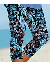 billiga -Damleggings capribyxor hög elastisk semester mode hawaiiansk ankellängd med midja blommig tryck termisk varm andas mjuk semester avslappnad daglig svart och blå sommar vår
